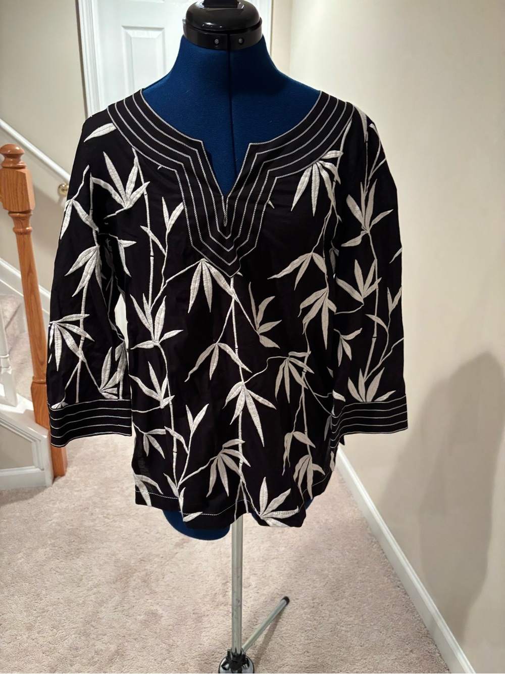 Talbots Black Tunic with White Bamboo Embroidery